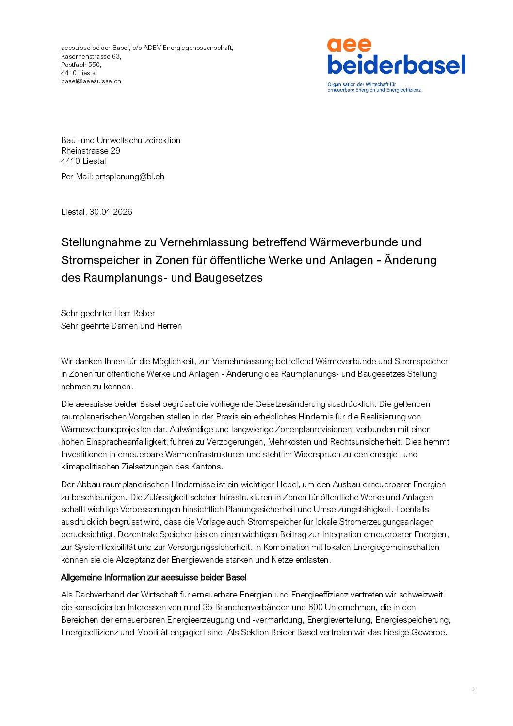 Stellungnahme der aeesuisse Beider Basel zur Vernehmlassung